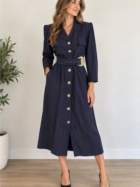 Vintage Positive Influence Navy Belted Midi Dress USA Art Deco Buttons Size 6